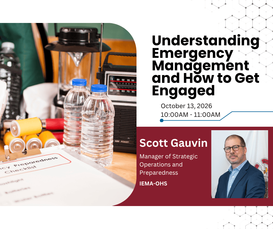 Webinar on emergency management with speaker Scott Gauvin, water bottles, and emergency equipment.